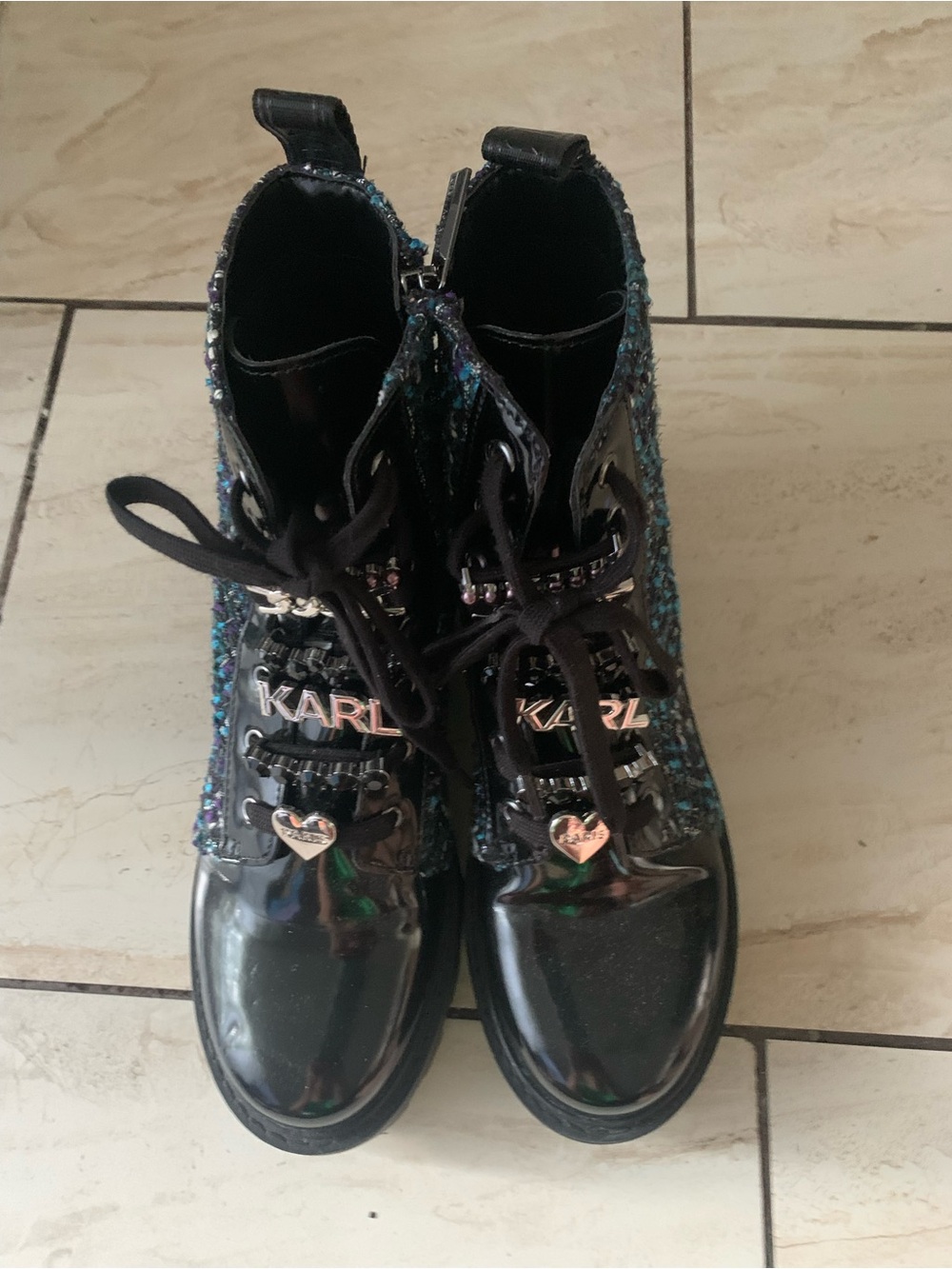 Karl Lagerfeld Kids Black Patent Glitter Lace-Up Boots